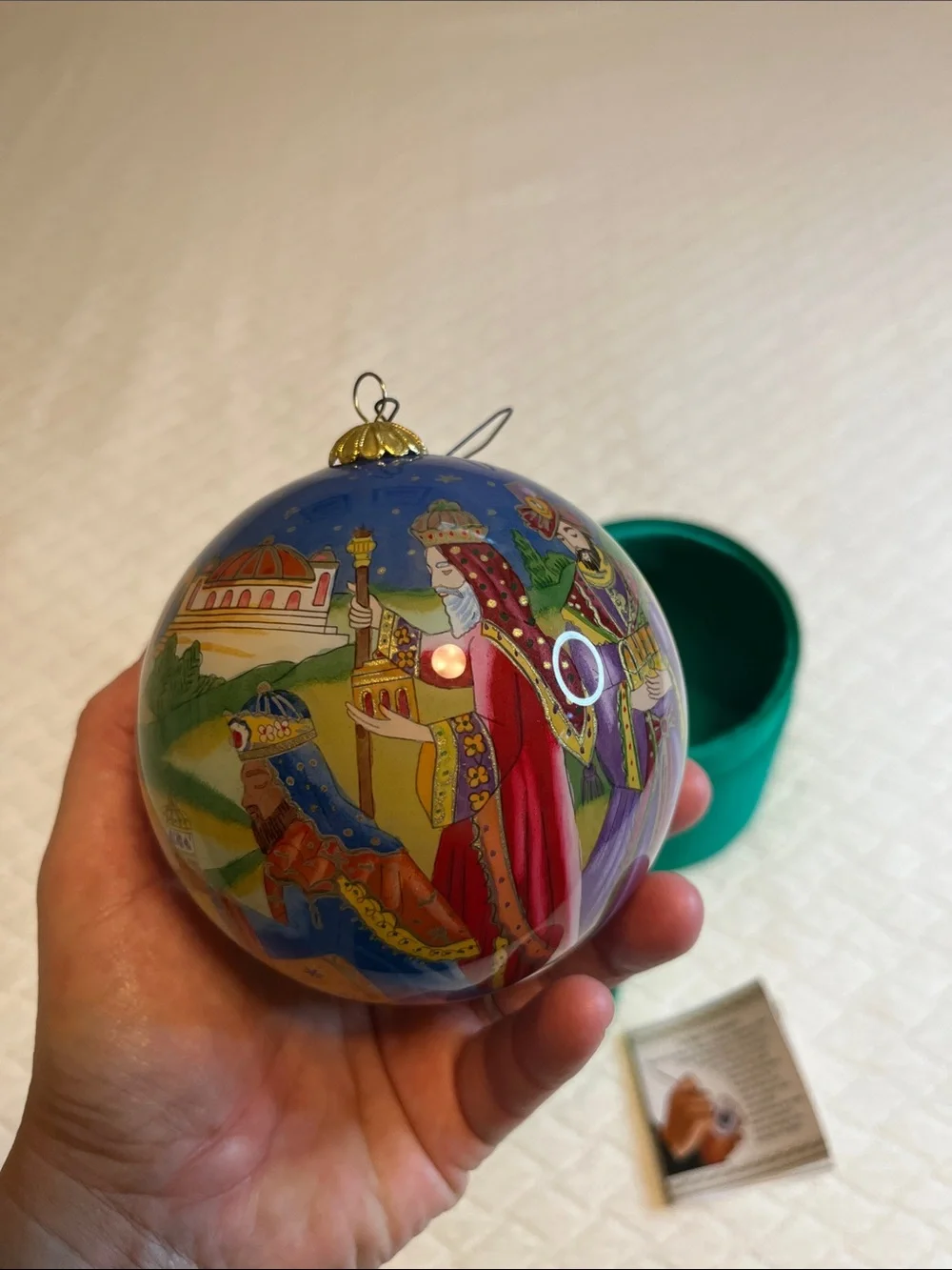 Hand-Painted Li Bien Nativity Christmas Ornament with Green Satin Box